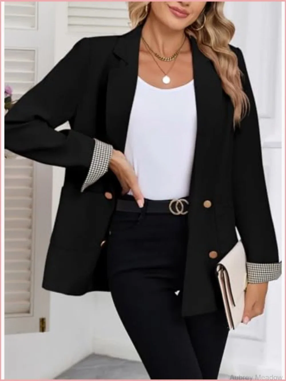 Womens Plaid Blazer Double Breasted Open Front Business Casual Office Suit